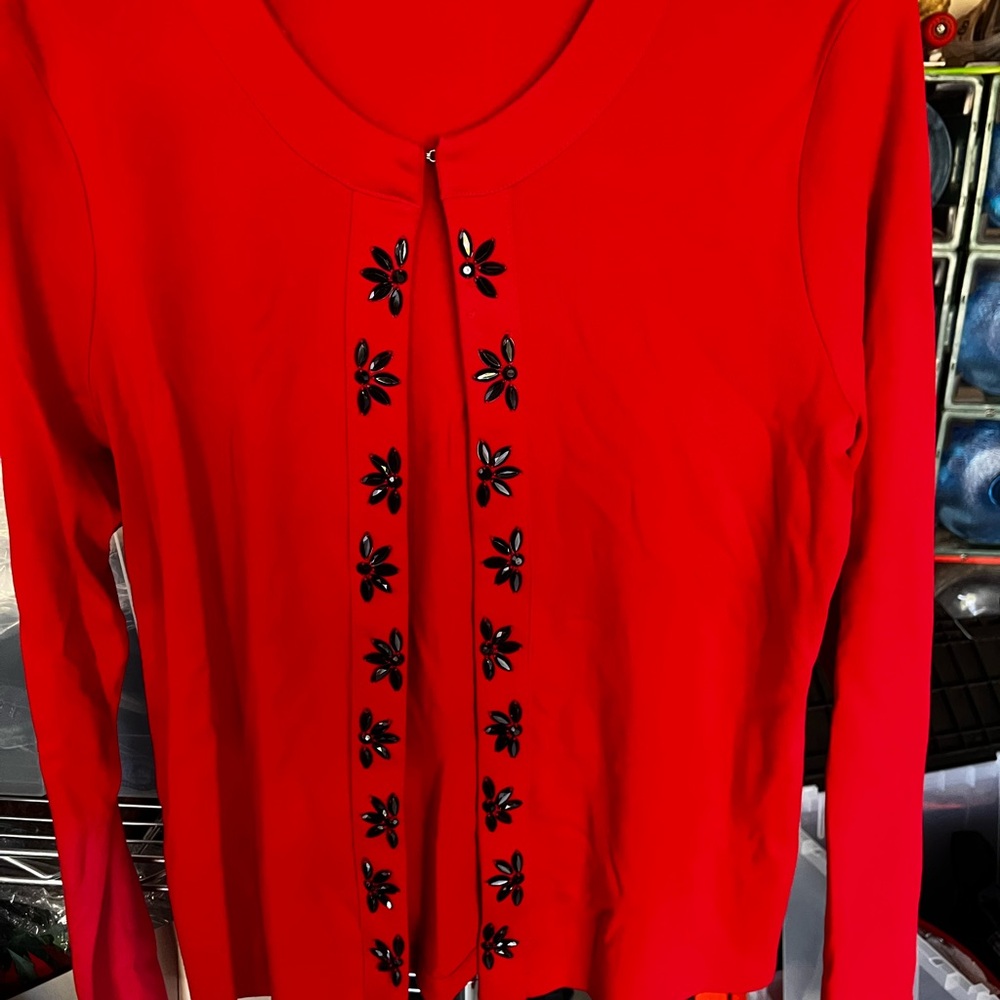 Rafaella Red Button Down Shirt with Black Floral Accents